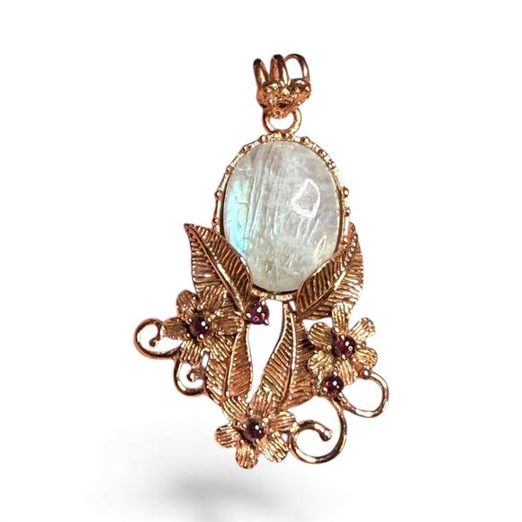 Natural Rhodolite Garnet Moonstone Pendant Necklace Solid Copper No Chain - Picture 2 of 3